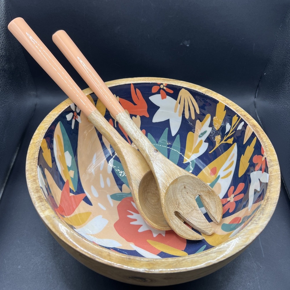 Danica Studio Superbloom Mango Wood Serving Bowl 9" with Matching Salad Servers
